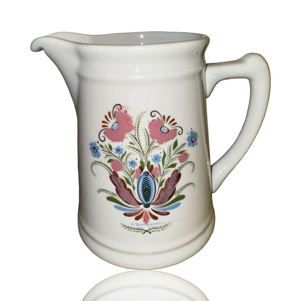 Vintage Berggren Scandinavian Folk Art Floral Ceramic Pitcher 6.25"